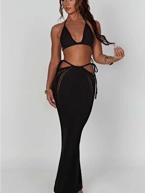 Black Crochet Halter Skirt Set